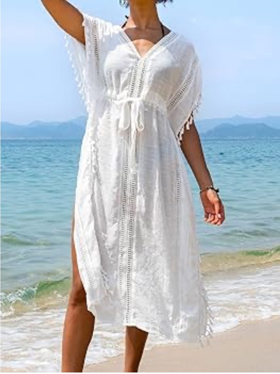 Cupshe Other - Cupshe White Tassel-Trim Belted Midi Swim Cover-Up Kaftan Small NWT